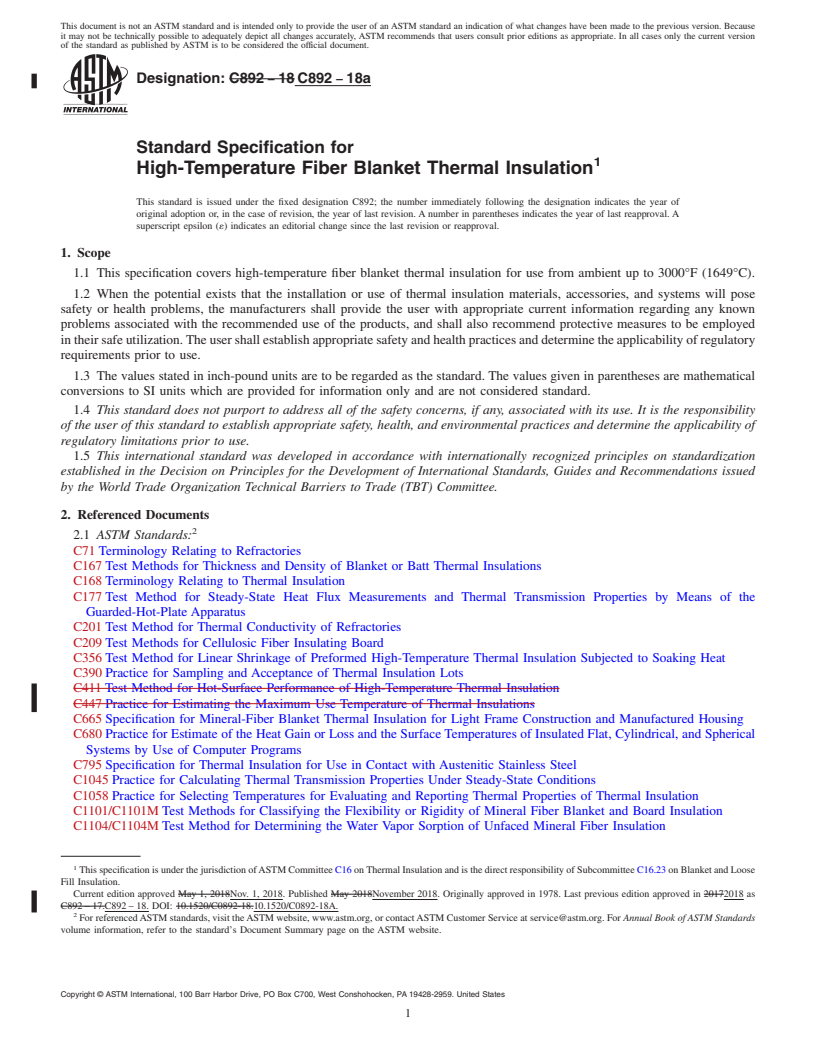REDLINE ASTM C892-18a - Standard Specification for High-Temperature Fiber Blanket Thermal Insulation