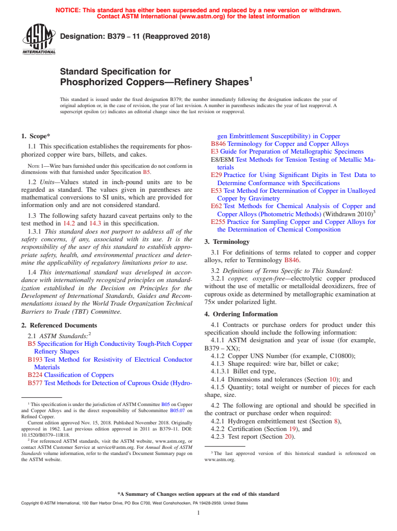 ASTM B379-11(2018) - Standard Specification for Phosphorized Coppers&#x2014;Refinery Shapes