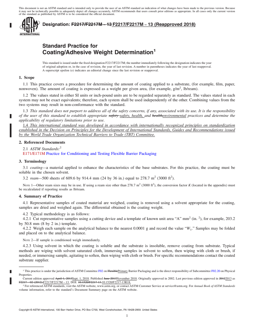 REDLINE ASTM F2217/F2217M-13(2018) - Standard Practice for  Coating/Adhesive Weight Determination