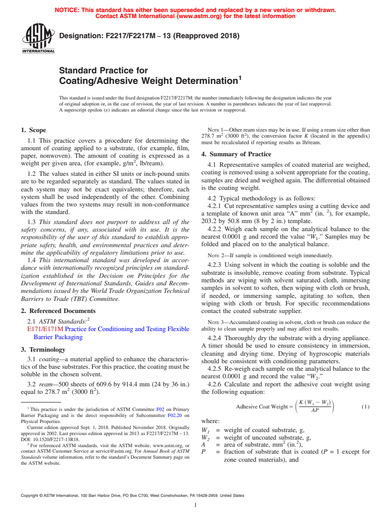 ASTM F2217/F2217M-13(2018) - Standard Practice for  Coating/Adhesive Weight Determination