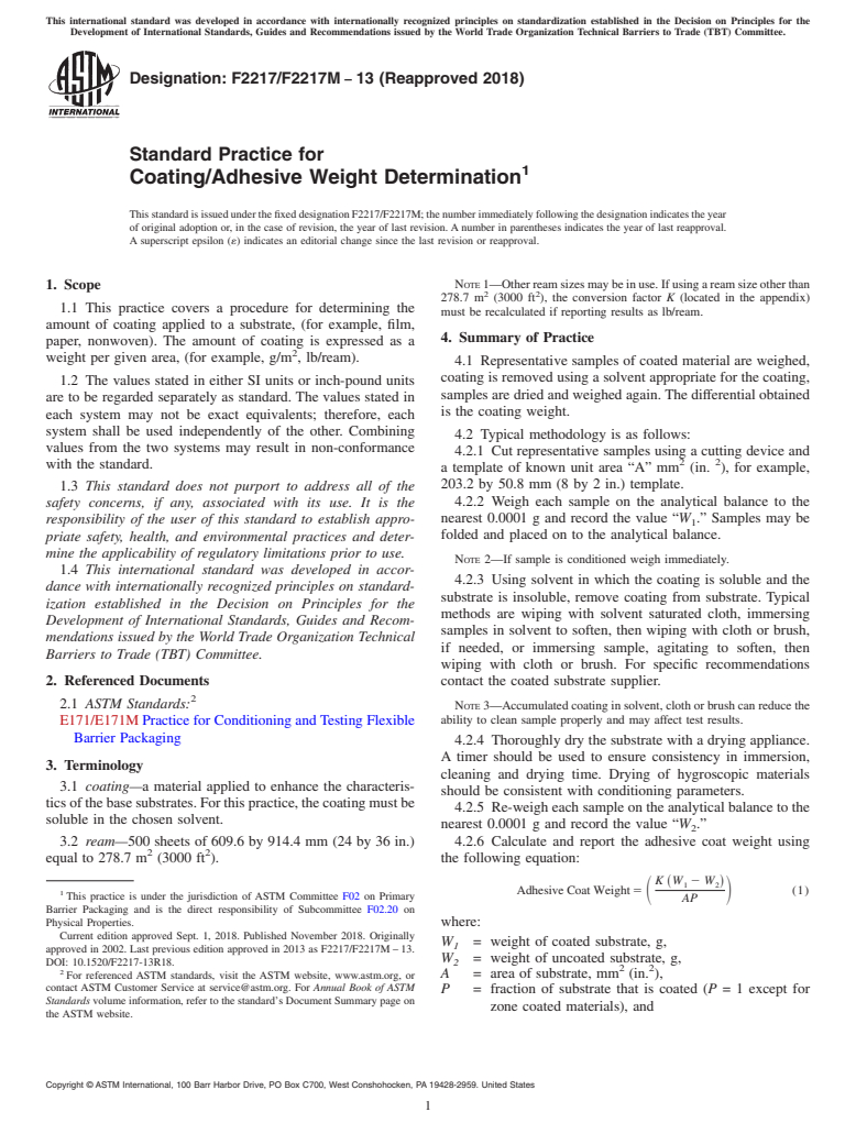 ASTM F2217/F2217M-13(2018) - Standard Practice for  Coating/Adhesive Weight Determination