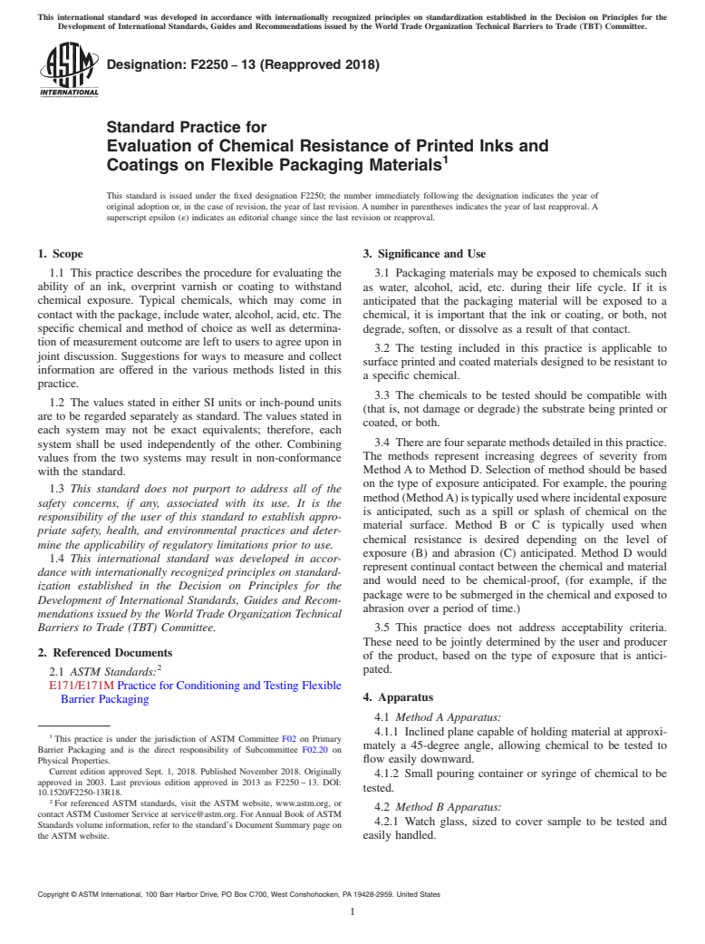 ASTM F2250-13(2018) - Standard Practice for  Evaluation of Chemical Resistance of Printed Inks and Coatings   on Flexible Packaging Materials