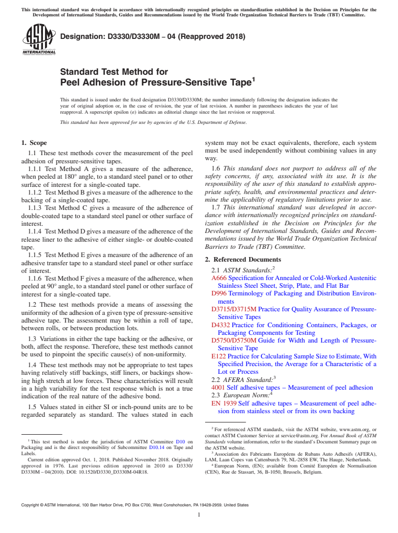 ASTM D3330/D3330M-04(2018) - Standard Test Method for  Peel Adhesion of Pressure-Sensitive Tape