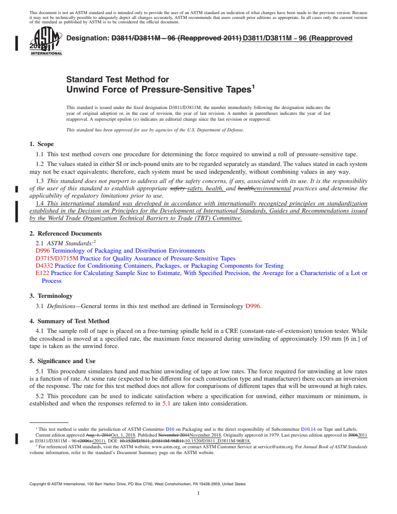 REDLINE ASTM D3811/D3811M-96(2018) - Standard Test Method for  Unwind Force of Pressure-Sensitive Tapes