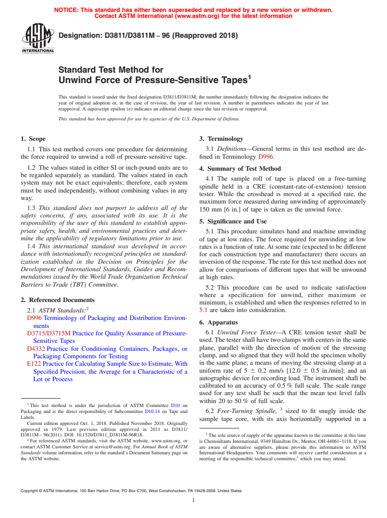 ASTM D3811/D3811M-96(2018) - Standard Test Method for  Unwind Force of Pressure-Sensitive Tapes