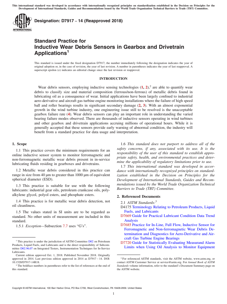 ASTM D7917-14(2018) - Standard Practice for Inductive Wear Debris Sensors in Gearbox and Drivetrain Applications