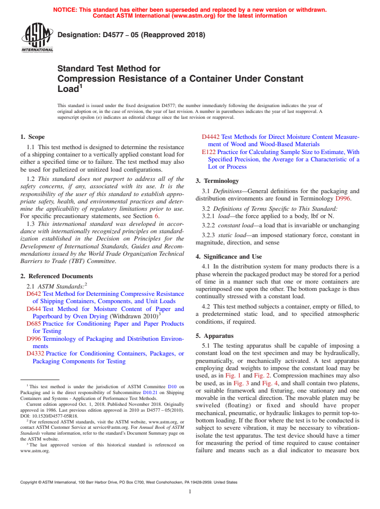 ASTM D4577-05(2018) - Standard Test Method for Compression Resistance of a Container Under Constant Load