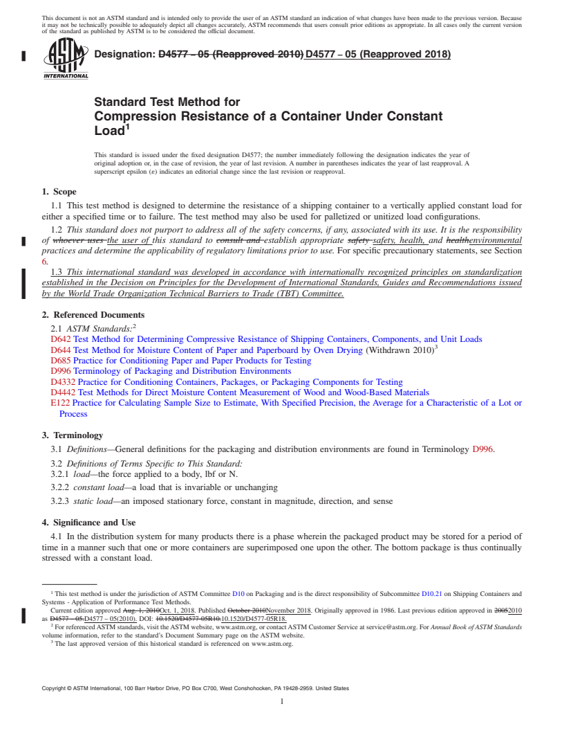 REDLINE ASTM D4577-05(2018) - Standard Test Method for Compression Resistance of a Container Under Constant Load