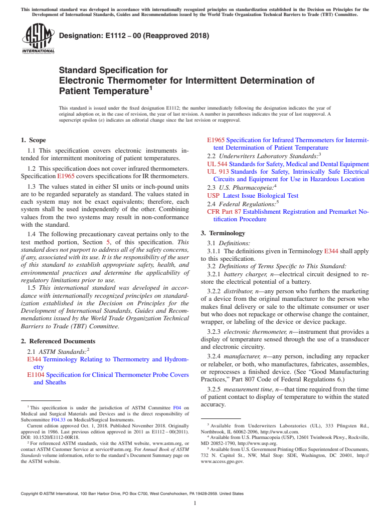 ASTM E1112-00(2018) - Standard Specification for  Electronic Thermometer for Intermittent Determination of Patient  Temperature