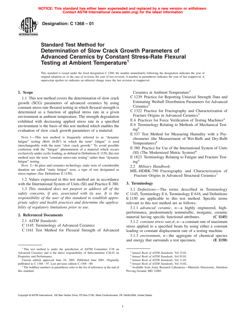 ASTM C1368-01 - Standard Test Method for Determination of Slow Crack Growth Parameters of Advanced Ceramics by Constant Stress-Rate Flexural Testing at Ambient Temperature