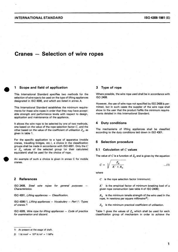 ISO 4308:1981 - Cranes -- Selection of wire ropes