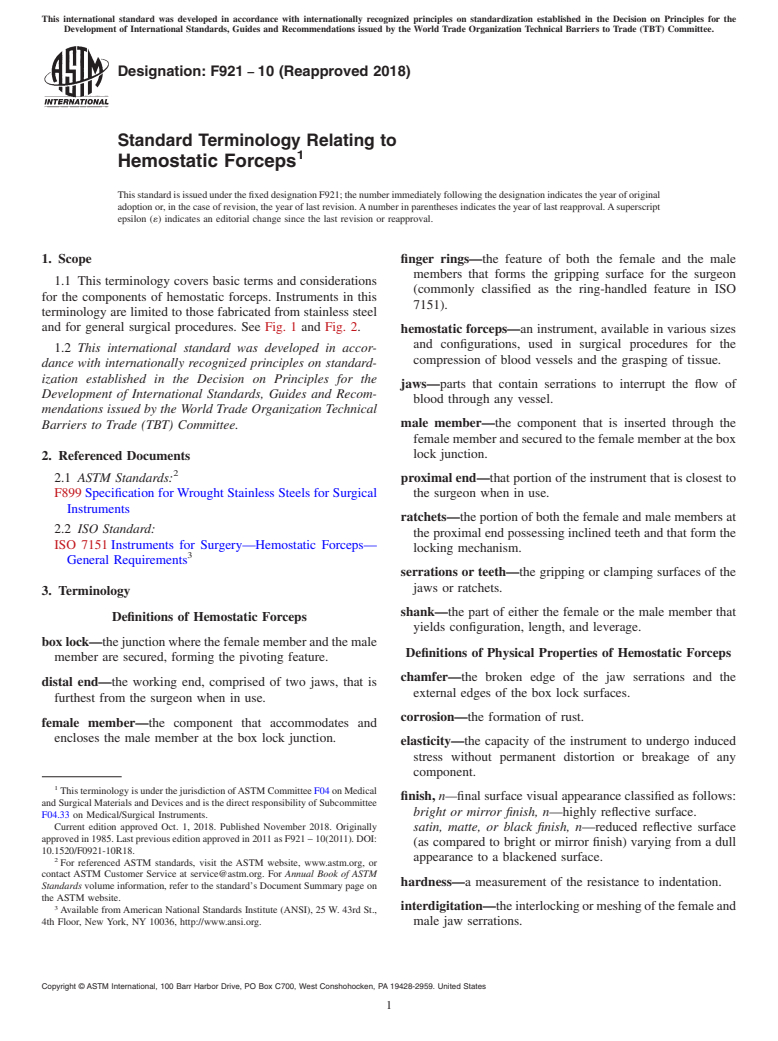 ASTM F921-10(2018) - Standard Terminology Relating to  Hemostatic Forceps