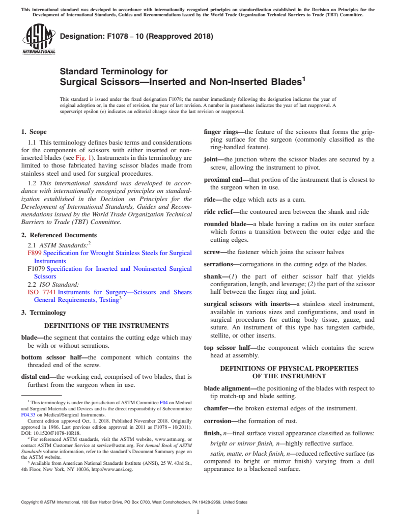 ASTM F1078-10(2018) - Standard Terminology for  Surgical Scissors&#x2014;Inserted and Non-Inserted Blades