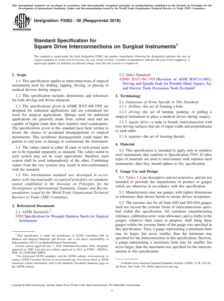 ASTM F2062-00(2018) - Standard Specification for Square Drive Interconnections on Surgical Instruments