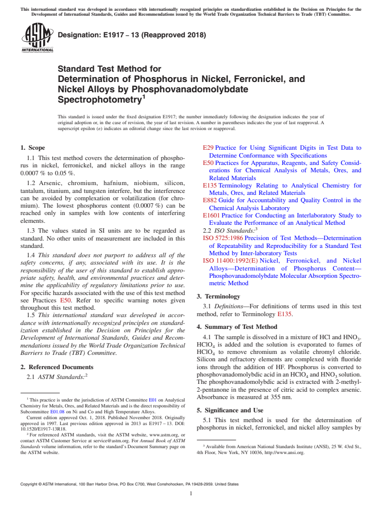 ASTM E1917-13(2018) - Standard Test Method for  Determination of Phosphorus in Nickel, Ferronickel, and Nickel  Alloys by Phosphovanadomolybdate Spectrophotometry