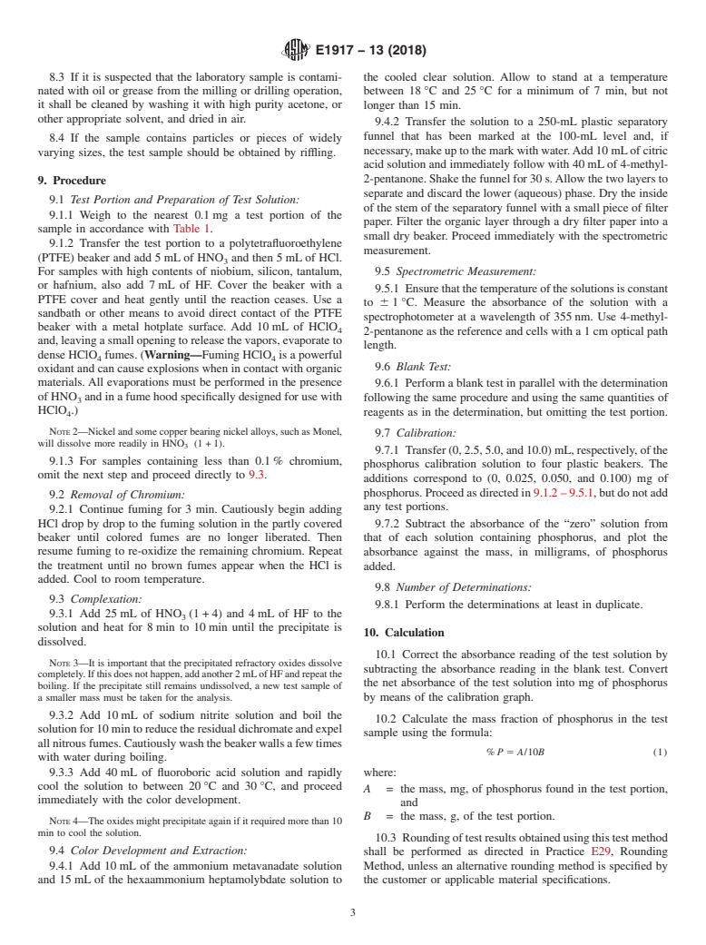 ASTM E1917-13(2018) - Standard Test Method for  Determination of Phosphorus in Nickel, Ferronickel, and Nickel  Alloys by Phosphovanadomolybdate Spectrophotometry