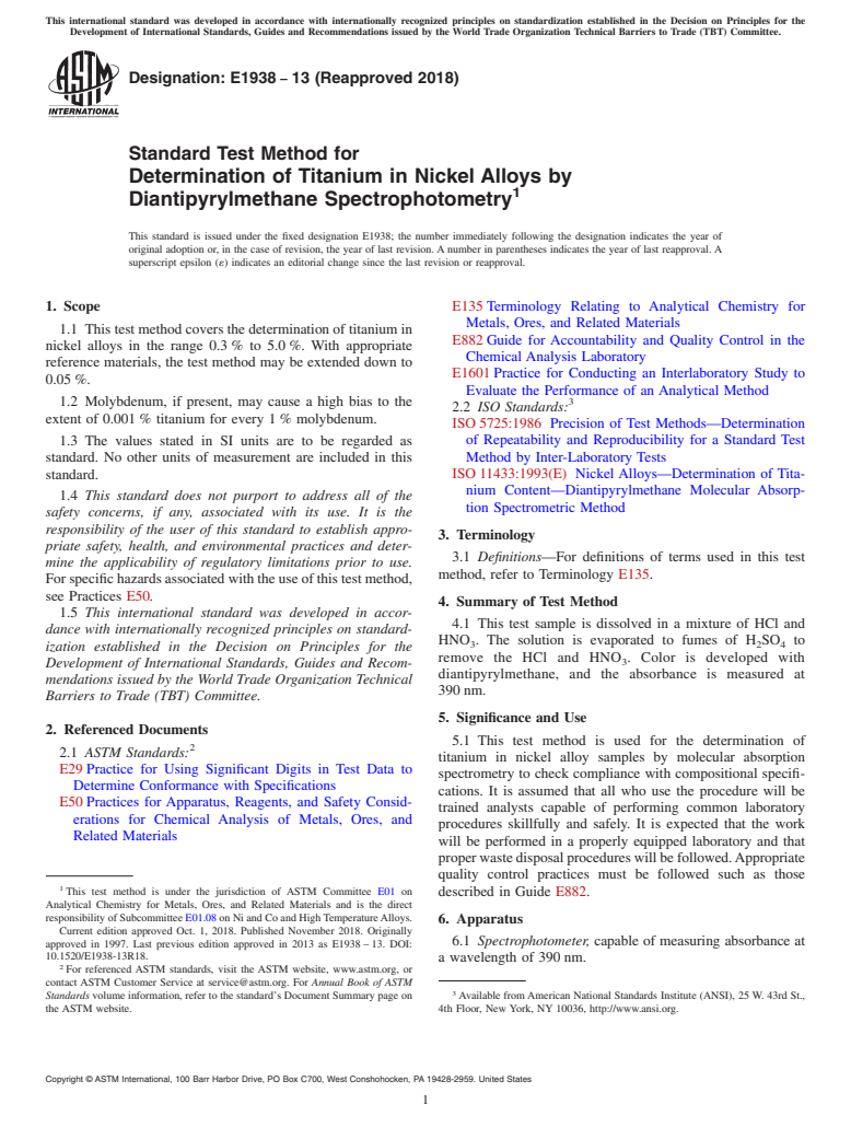 ASTM E1938-13(2018) - Standard Test Method for  Determination of Titanium in Nickel Alloys by Diantipyrylmethane  Spectrophotometry