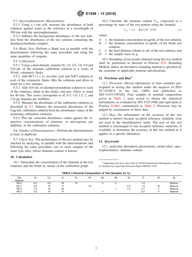 ASTM E1938-13(2018) - Standard Test Method for  Determination of Titanium in Nickel Alloys by Diantipyrylmethane  Spectrophotometry