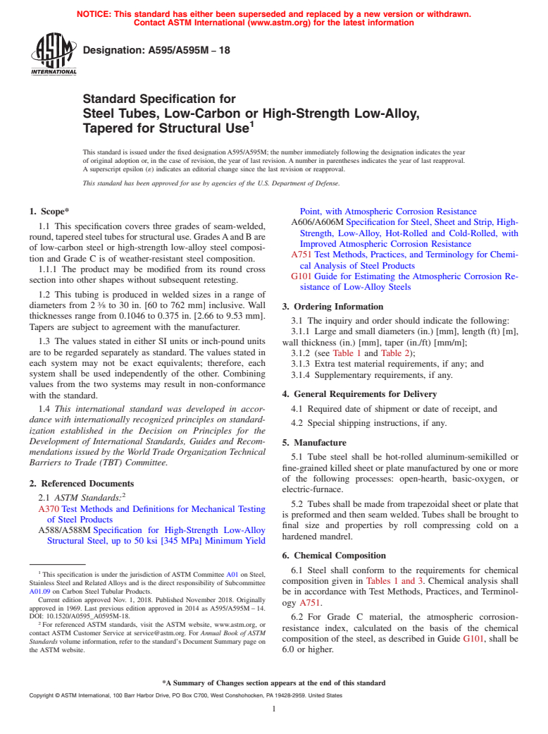 ASTM A595/A595M-18 - Standard Specification for  Steel Tubes, Low-Carbon or High-Strength Low-Alloy, Tapered   for Structural Use