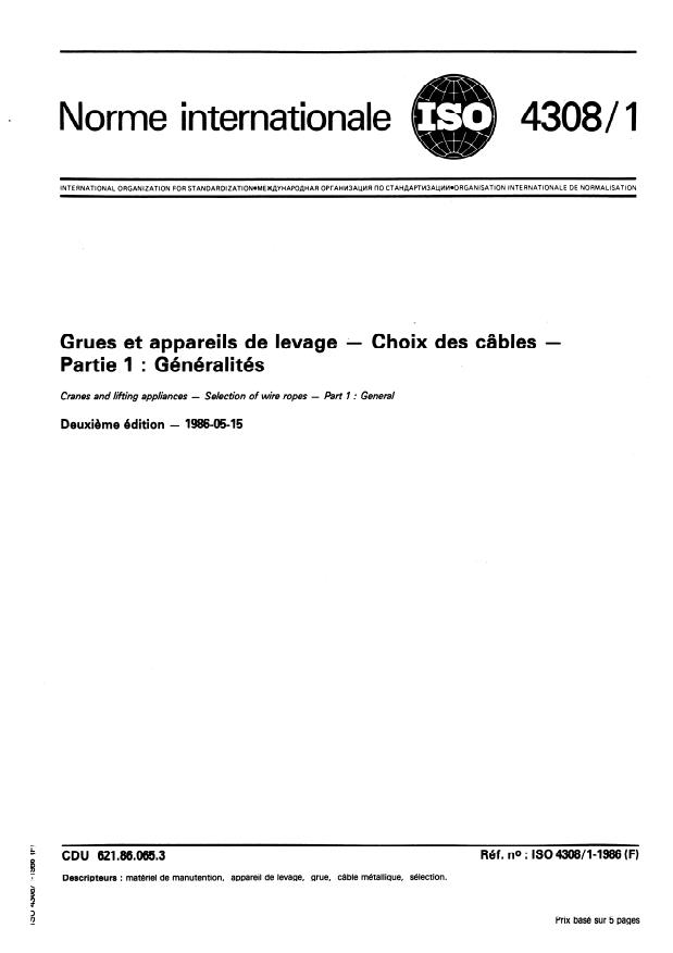 ISO 4308-1:1986 - Grues et appareils de levage -- Choix des câbles