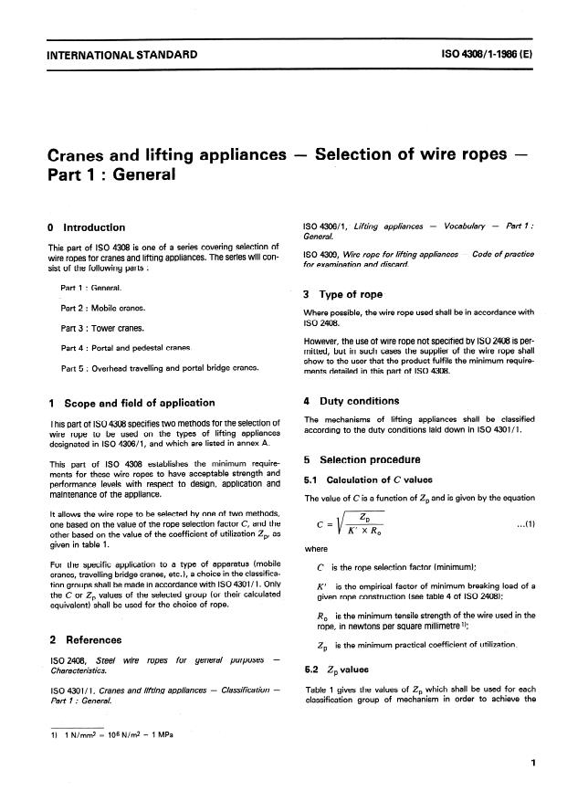 ISO 4308-1:1986 - Cranes and lifting appliances -- Selection of wire ropes