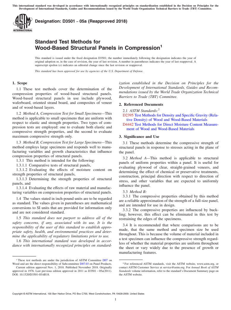 ASTM D3501-05a(2018) - Standard Test Methods for  Wood-Based Structural Panels in Compression