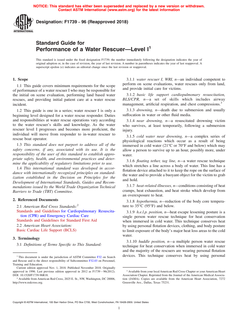 ASTM F1739-96(2018) - Standard Guide for  Performance of a Water Rescuer—Level I