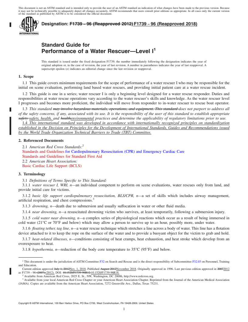 REDLINE ASTM F1739-96(2018) - Standard Guide for  Performance of a Water Rescuer—Level I