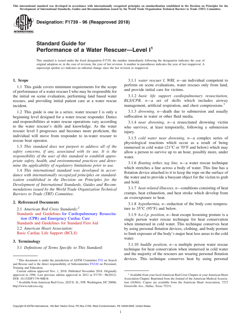 ASTM F1739-96(2018) - Standard Guide for  Performance of a Water Rescuer&#x2014;Level I