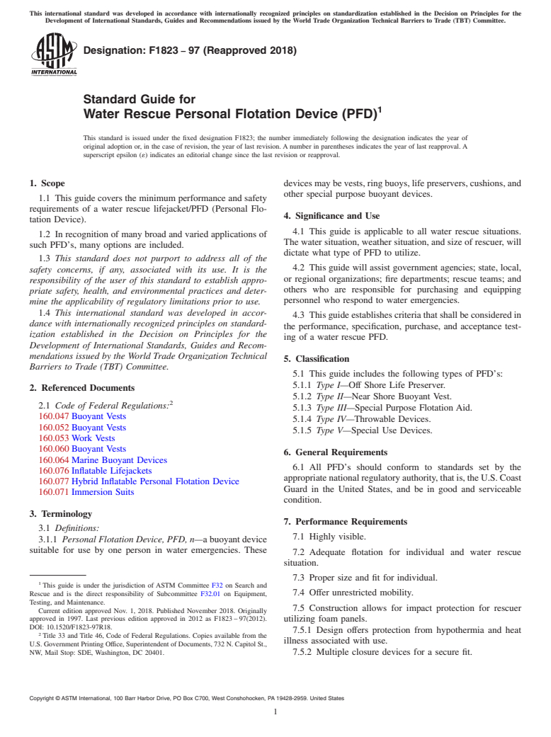 ASTM F1823-97(2018) - Standard Guide for  Water Rescue Personal Flotation Device (PFD)