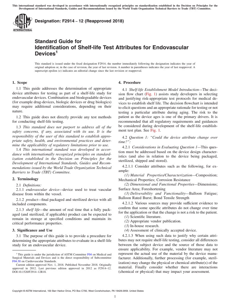 ASTM F2914-12(2018) - Standard Guide for  Identification of Shelf-life Test Attributes for Endovascular  Devices