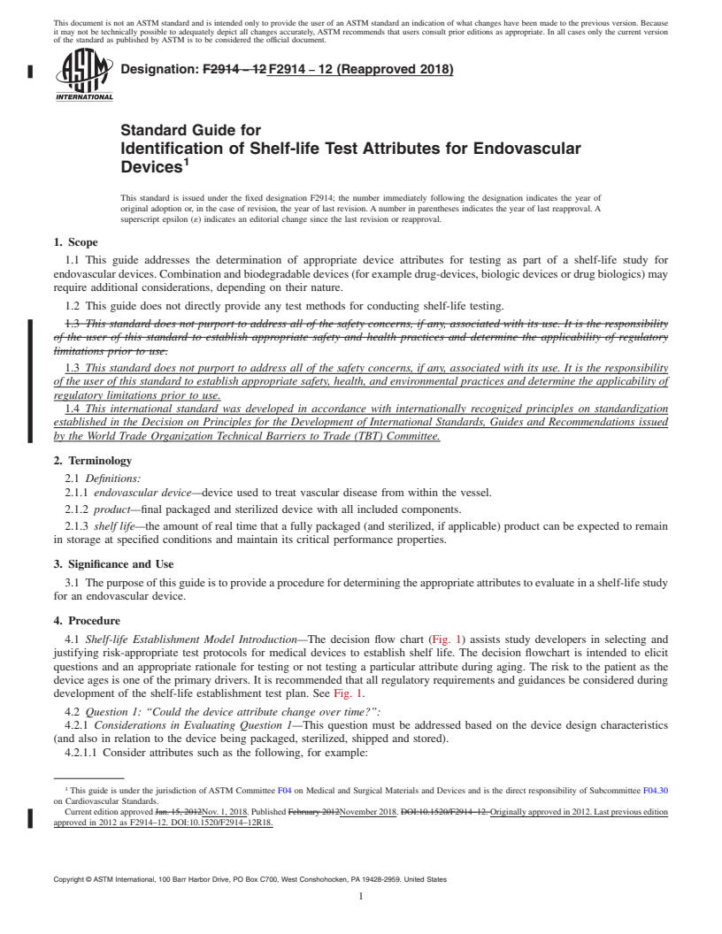 REDLINE ASTM F2914-12(2018) - Standard Guide for  Identification of Shelf-life Test Attributes for Endovascular  Devices