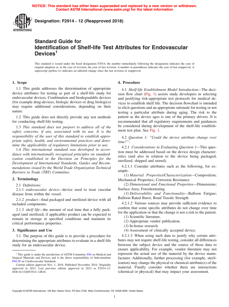 ASTM F2914-12(2018) - Standard Guide for  Identification of Shelf-life Test Attributes for Endovascular  Devices