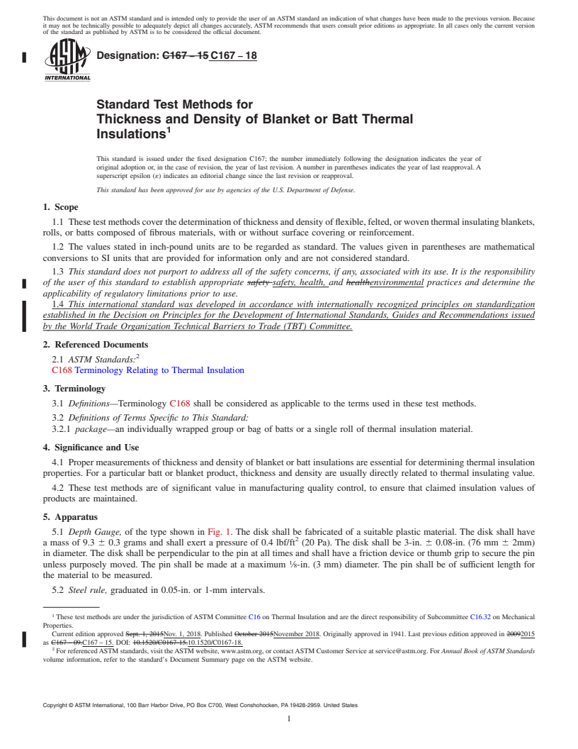 REDLINE ASTM C167-18 - Standard Test Methods for  Thickness and Density of Blanket or Batt Thermal Insulations