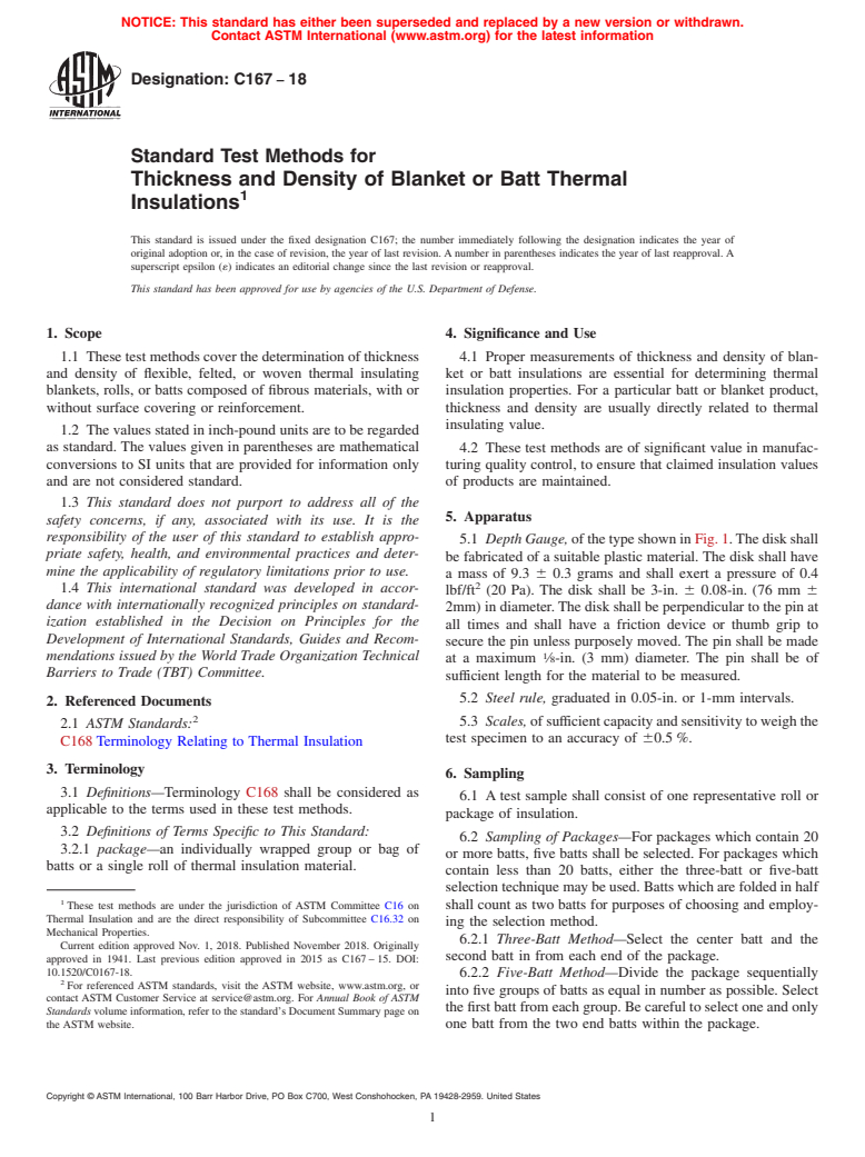 ASTM C167-18 - Standard Test Methods for  Thickness and Density of Blanket or Batt Thermal Insulations