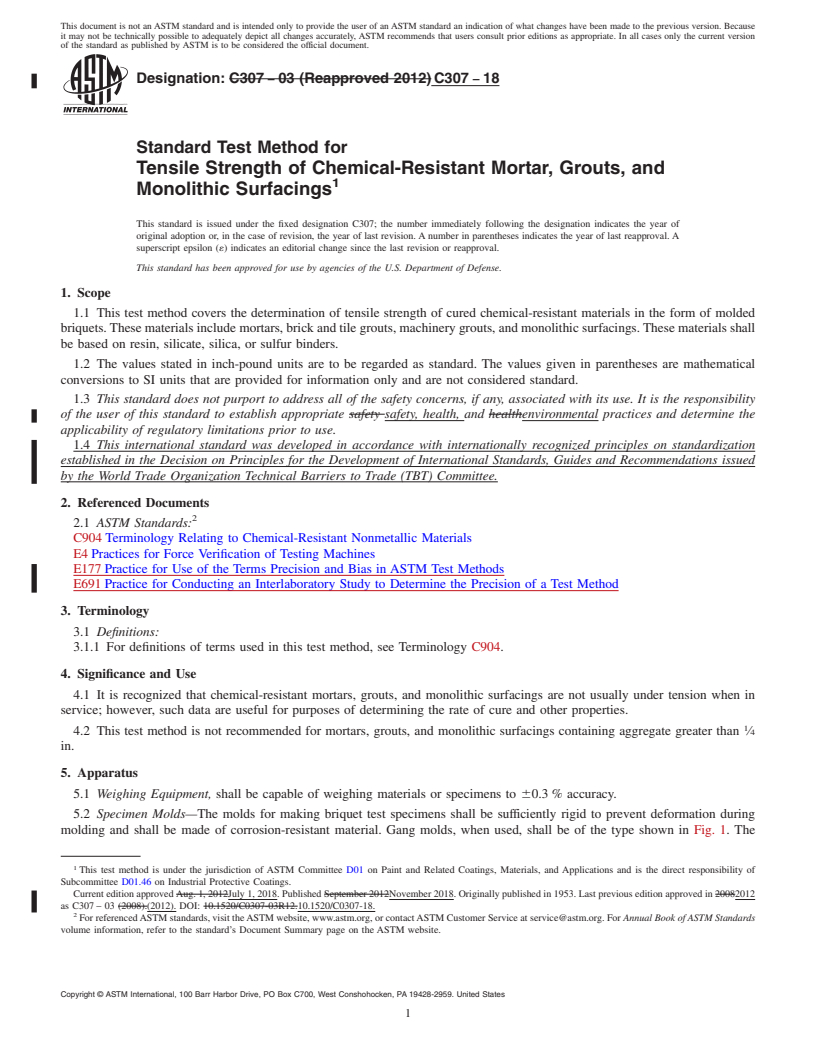 REDLINE ASTM C307-18 - Standard Test Method for Tensile Strength of Chemical-Resistant Mortar, Grouts, and  Monolithic Surfacings