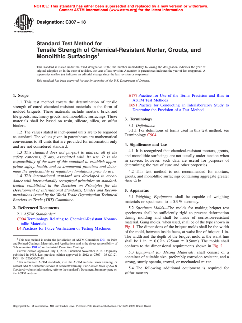 ASTM C307-18 - Standard Test Method for Tensile Strength of Chemical-Resistant Mortar, Grouts, and  Monolithic Surfacings