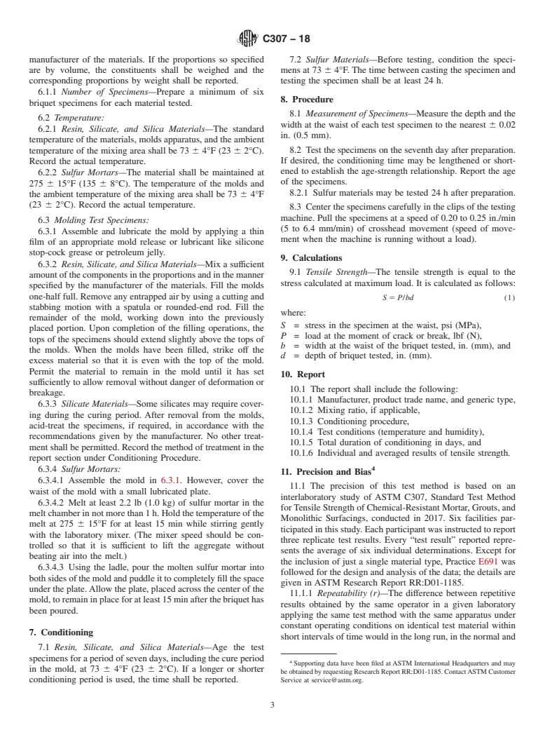 ASTM C307-18 - Standard Test Method for Tensile Strength of Chemical-Resistant Mortar, Grouts, and  Monolithic Surfacings