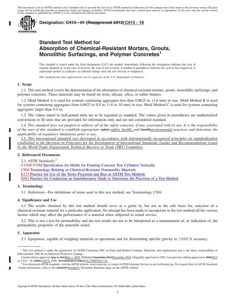 REDLINE ASTM C413-18 - Standard Test Method for Absorption of Chemical-Resistant Mortars, Grouts, Monolithic  Surfacings, and Polymer Concretes