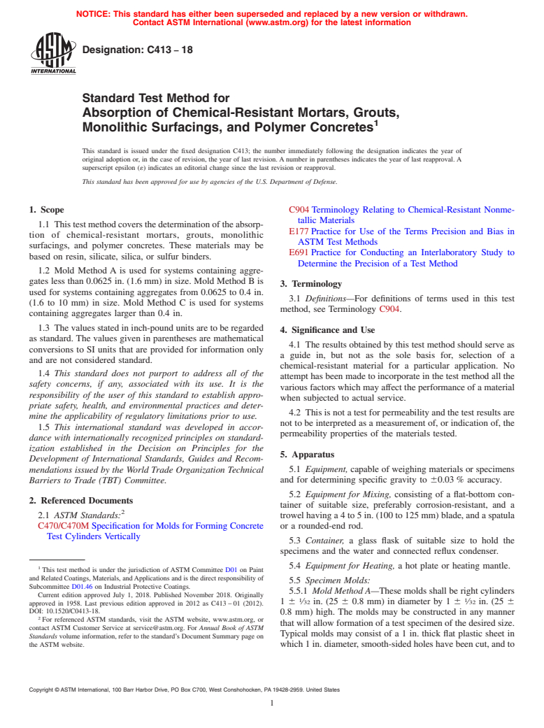 ASTM C413-18 - Standard Test Method for Absorption of Chemical-Resistant Mortars, Grouts, Monolithic  Surfacings, and Polymer Concretes