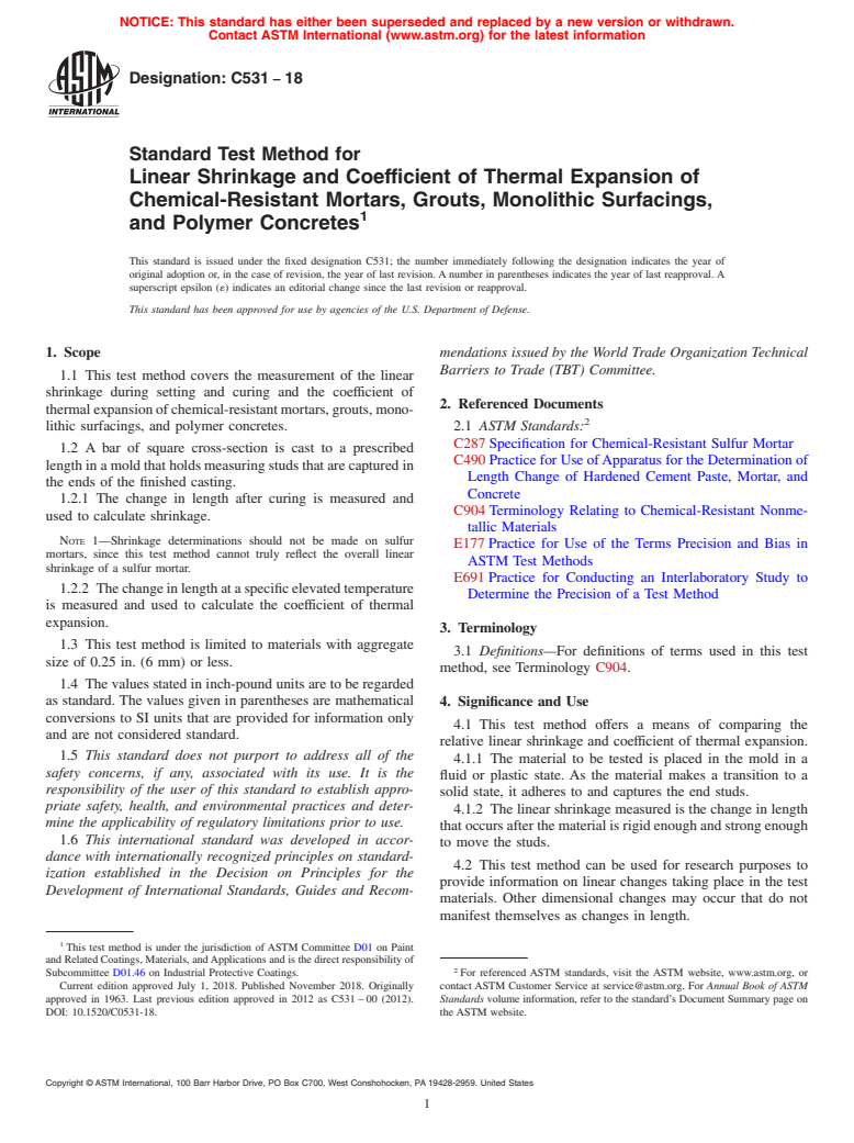 ASTM C531-18 - Standard Test Method for Linear Shrinkage and Coefficient of Thermal Expansion of Chemical-Resistant  Mortars, Grouts, Monolithic Surfacings, and Polymer Concretes