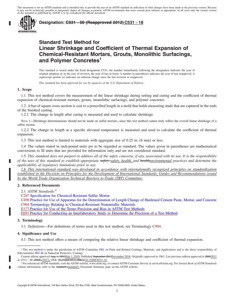 REDLINE ASTM C531-18 - Standard Test Method for Linear Shrinkage and Coefficient of Thermal Expansion of Chemical-Resistant  Mortars, Grouts, Monolithic Surfacings, and Polymer Concretes