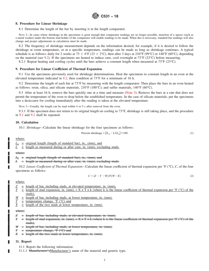 REDLINE ASTM C531-18 - Standard Test Method for Linear Shrinkage and Coefficient of Thermal Expansion of Chemical-Resistant  Mortars, Grouts, Monolithic Surfacings, and Polymer Concretes