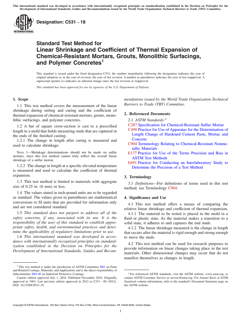 ASTM C531-18 - Standard Test Method for Linear Shrinkage and Coefficient of Thermal Expansion of Chemical-Resistant  Mortars, Grouts, Monolithic Surfacings, and Polymer Concretes