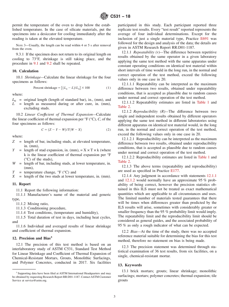 ASTM C531-18 - Standard Test Method for Linear Shrinkage and Coefficient of Thermal Expansion of Chemical-Resistant  Mortars, Grouts, Monolithic Surfacings, and Polymer Concretes