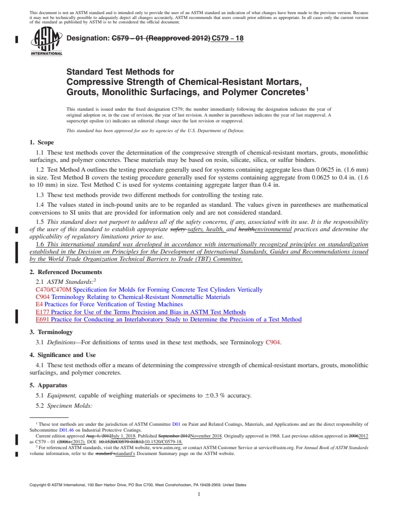 REDLINE ASTM C579-18 - Standard Test Methods for Compressive Strength of Chemical-Resistant Mortars, Grouts,  Monolithic Surfacings, and Polymer Concretes