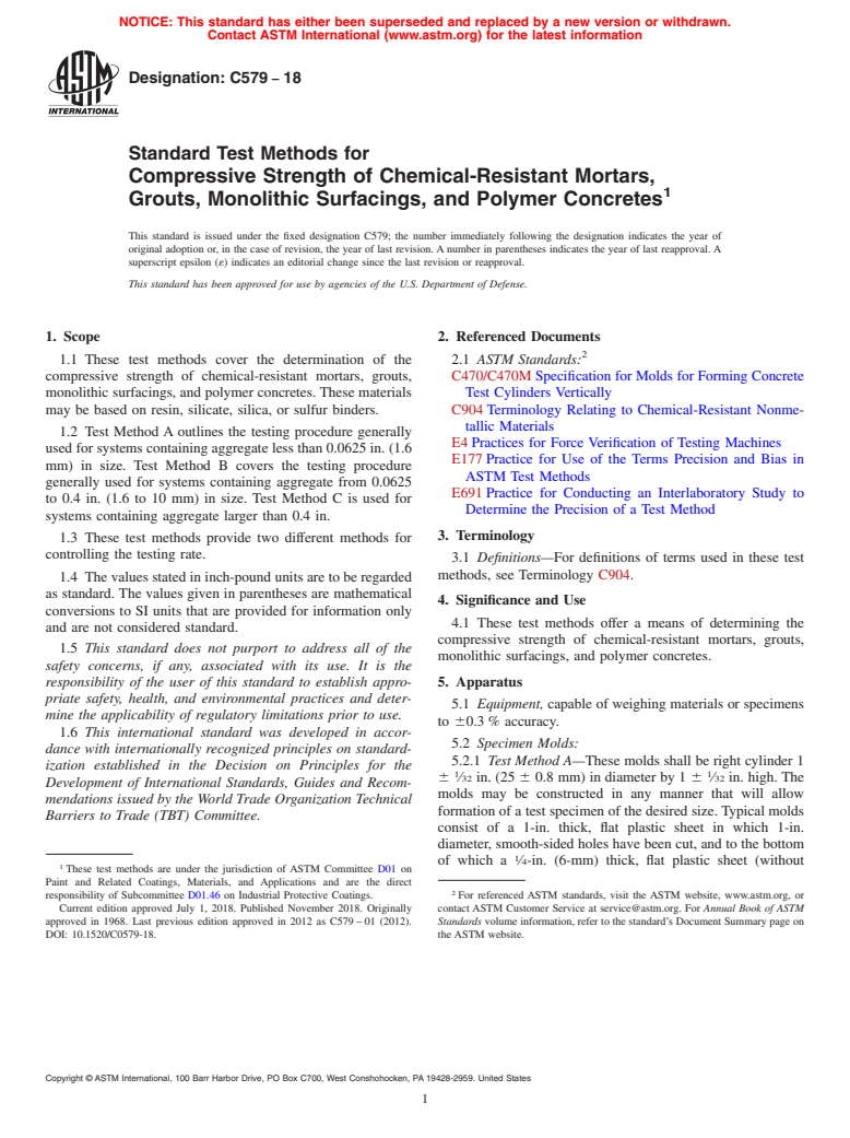 ASTM C579-18 - Standard Test Methods for Compressive Strength of Chemical-Resistant Mortars, Grouts,  Monolithic Surfacings, and Polymer Concretes