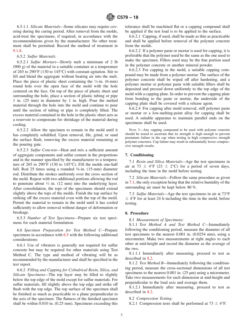 ASTM C579-18 - Standard Test Methods for Compressive Strength of Chemical-Resistant Mortars, Grouts,  Monolithic Surfacings, and Polymer Concretes