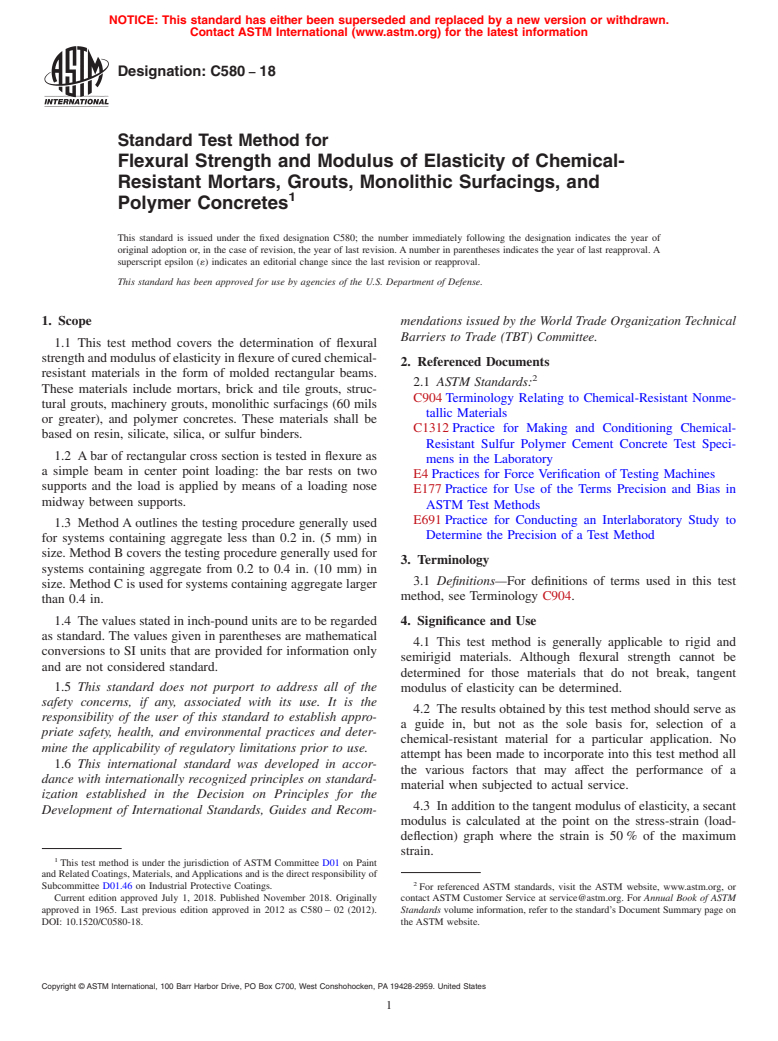 ASTM C580-18 - Standard Test Method for Flexural Strength and Modulus of Elasticity of Chemical-Resistant  Mortars, Grouts, Monolithic Surfacings, and Polymer Concretes