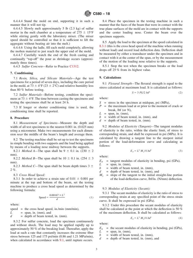 ASTM C580-18 - Standard Test Method for Flexural Strength and Modulus of Elasticity of Chemical-Resistant  Mortars, Grouts, Monolithic Surfacings, and Polymer Concretes